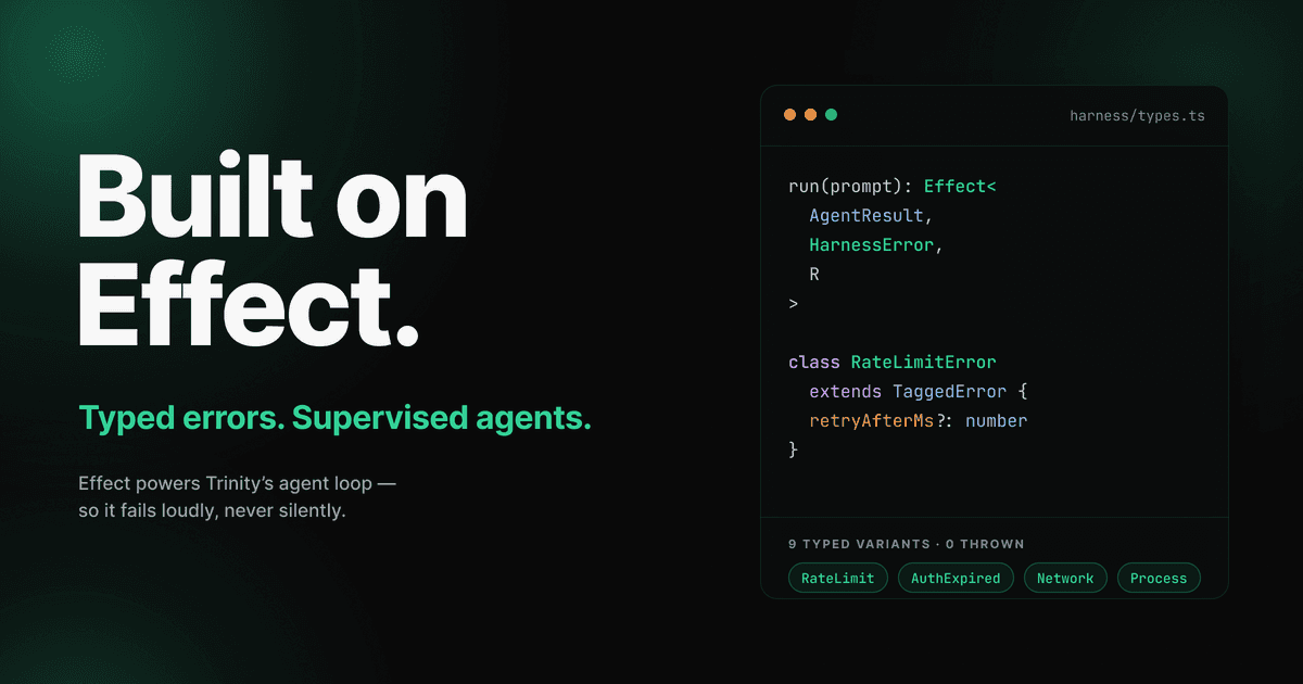 Dark cover reading "Built on Effect." in white with "Typed errors. Supervised agents." in emerald, beside a code panel showing the Effect AgentResult signature