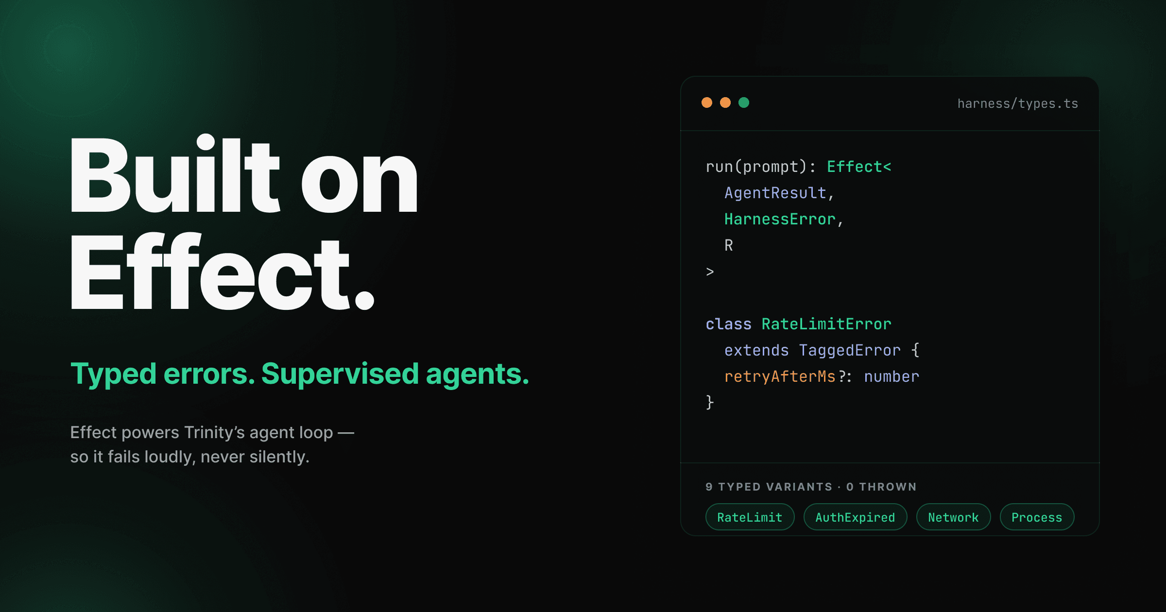Dark cover reading "Built on Effect." in white with "Typed errors. Supervised agents." in emerald, beside a code panel showing the Effect AgentResult signature